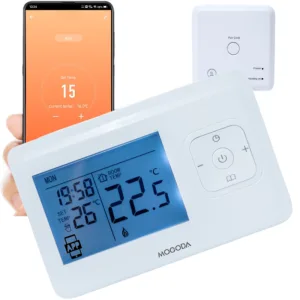 Termostat inteligent fara fir MOGODA, Programabil WiFi din aplicatie pe telefon Tuya sau Smart Life, Compatibil cu orice centrala termica, Functi smart WIFI, Alb