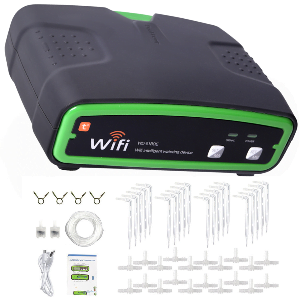 Kit de irigare la radacina plantelor, MOGODA, Florilor, WIFI, pentru 20 Ghivece, Jardinere, 2 Pompe, Programator irigare wifi, Aplicatie IOS si Android Smart Life, Negru