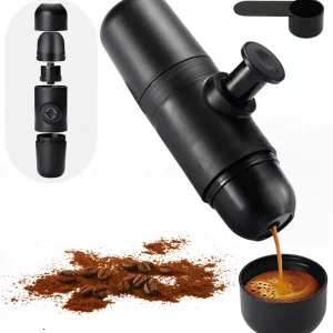 Espressor portabil manual MOGODA®, 8 bar, 70 ml, Cafea macinata, Presiune creata manual la buton, Nu incalzeste apa, 175 x 70 x 60 mm, Negru
