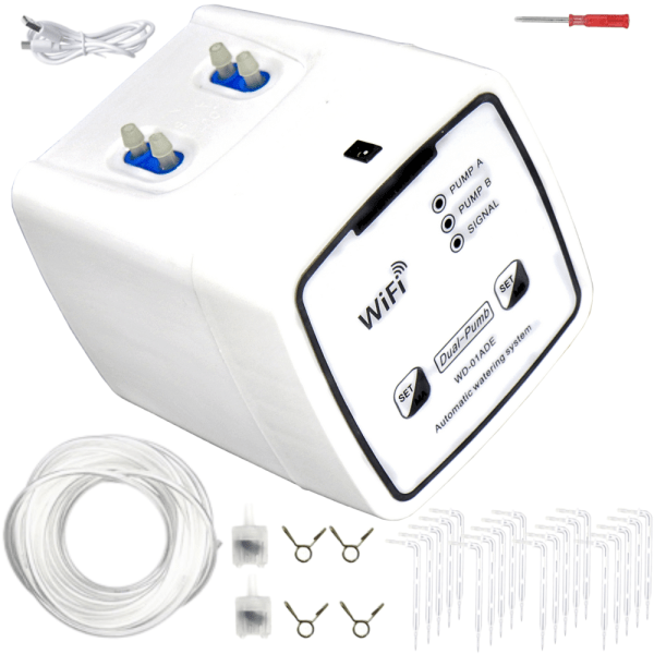 Kit de irigat la radacina plantelor, Florilor, WIFI, MOGODA®, Dispozitiv de udare automata smart, pentru 20 Ghivece, Jardinere, 2 Pompe, Programator irigare, Aplicatie IOS si Android Smart Life si eWeLink