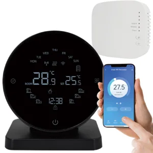 Termostat inteligent negru WiFi cu aplicație mobilă pe ecran.