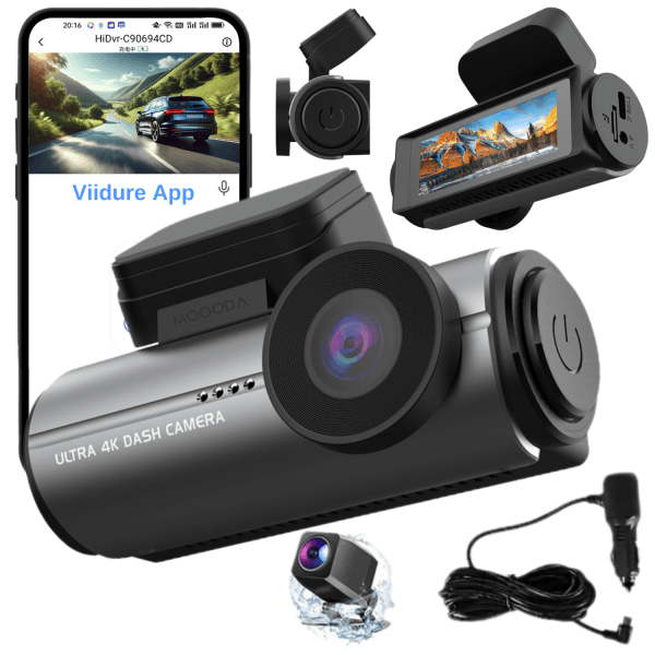 Camera de bord auto smart WiFi 4K +1080P MOGODA®️, Filmare 170° fata si 145° spate, Rezolutie 3840x2160 4K UHD fata si 1920x1080 spate, Ecran IPS HD 2.99 inch, Night Vision, G-sensor, WDR, Aplicatie Viidure, Procesor Huawei hisilicon 610