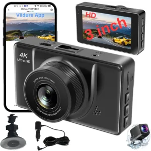 Camera de bord auto smart WiFi 4K +1080P MOGODA®️, Filmare 170° fata si 145° spate, Rezolutie 3840x2160 4K UHD fata si 1920x1080 spate, Ecran IPS HD 3 inch, Night Vision, G-sensor, WDR, Aplicatie Viidure, Negru deschis