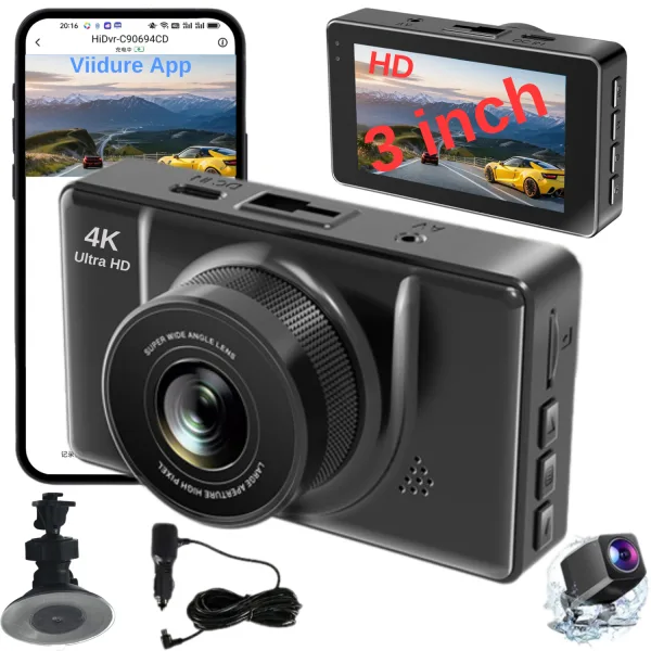 Camera de bord auto smart WiFi 4K +1080P MOGODA®️, Filmare 170° fata si 145° spate, Rezolutie 3840x2160 4K UHD fata si 1920x1080 spate, Ecran IPS HD 3 inch, Night Vision, G-sensor, WDR, Aplicatie Viidure, Negru deschis