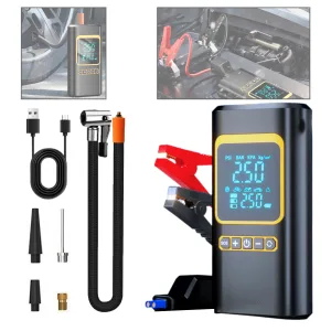 Compresor auto digital cu starter MOGODA®️, 14.8V, 4 acumulatori de 2000 mAh, Jumper auto 3.0L diesel/max, 10,3 BAR/ 150 PSI, 50L/min, Lampa LED, Oprire automata, Negru