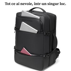 Rucsac negru cu buzunare pentru laptop și tabletă.