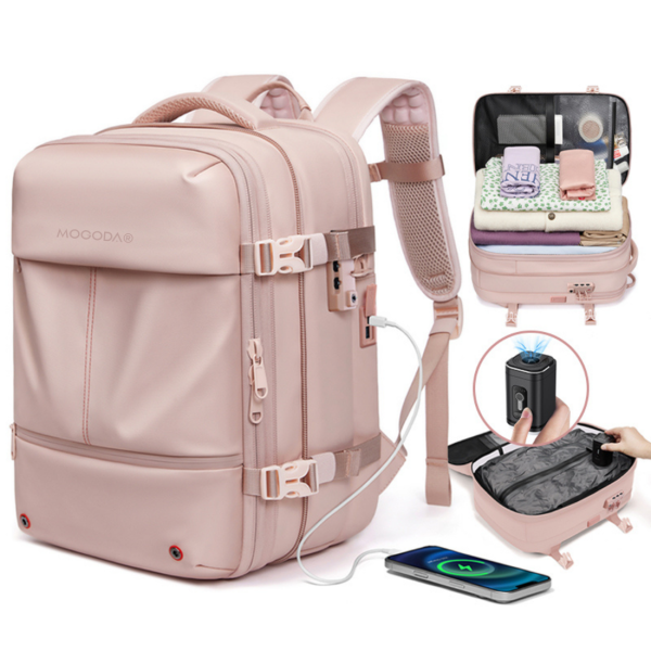 Rucsac Vidabil de Calatorie si Avion MOGODA®, 42x30x20 cm, Compartiment Laptop 16", Compresie Vacuum, Impermeabil, Anti-Furt TSA, Capacitate Extensibila pana la 30L, Port USB, Pompa Inclusa, Femei, Roz