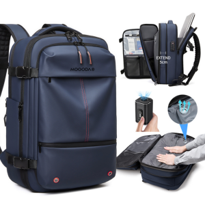 Rucsac Vidabil pentru Calatorii si Avion Premium MOGODA®, 49x32x20 cm, Compresie cu Vacum, Impermeabil, Anti-Furt, Capacitate Extensibila pana la 60L, Pompa Vid inclusa, Albastru inchis