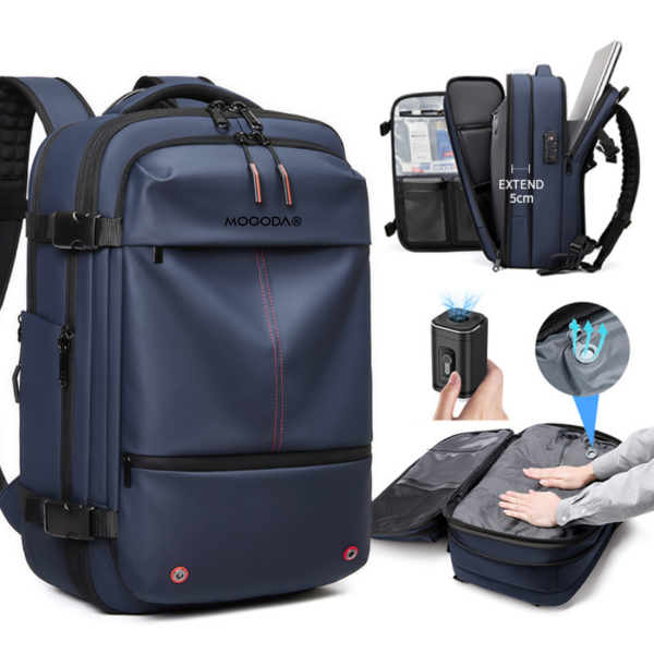 Rucsac Vidabil pentru Calatorii si Avion Premium MOGODA®, 49x32x20 cm, Compresie cu Vacum, Impermeabil, Anti-Furt, Capacitate Extensibila pana la 60L, Pompa Vid inclusa, Albastru inchis