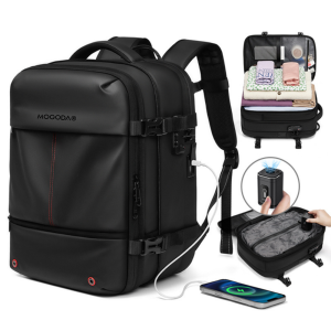 Rucsac negru multifuncțional cu organizare și încărcător USB.