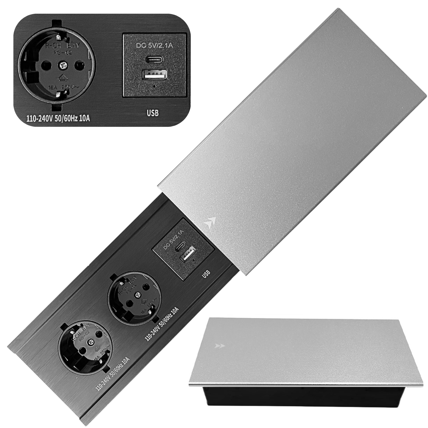 Priza incorporabila in blat, MOGODA, Birou sau Bucatarie, 2 prize Shucko, 1 x USB-C 5V 2.1A, 1 x USB-A 5V 2A, Fara cablu, Capac, Incastrabila in pal, 10A, 240V-2400W, Doza