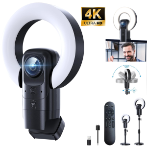 Camera Web 4K Ultra HD cu Lumina Inelara LED, Autofocus TOF, Zoom 1–9X, Microfon, Telecomanda si Suport Reglabil, MOGODA 8820C