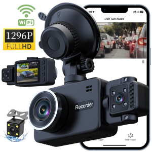 Camera de bord auto tripla WiFi MOGODA®, UHD 1296P+480P+480P, Unghi filmare 150° Fata +120° interior +120° marsarier, Rezolutie 2304X1296, Aplicatie Viidure, G-sensor reglabil, WDR, Negru