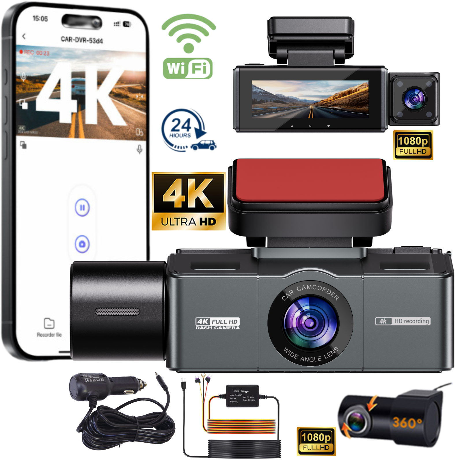 Cameră auto DVR 4K Ultra HD cu WiFi.