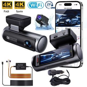 Camera de bord auto dubla 4K+4K UHD MOGODA, WiFi, Camera Fata si Spate, Hardwire Kit Inclus, Monitorizare Parcare 24H, Ecran IPS 3.19", G-Sensor, HDR, WDR, Night Vision, Aplicatie Viidure, Microfon