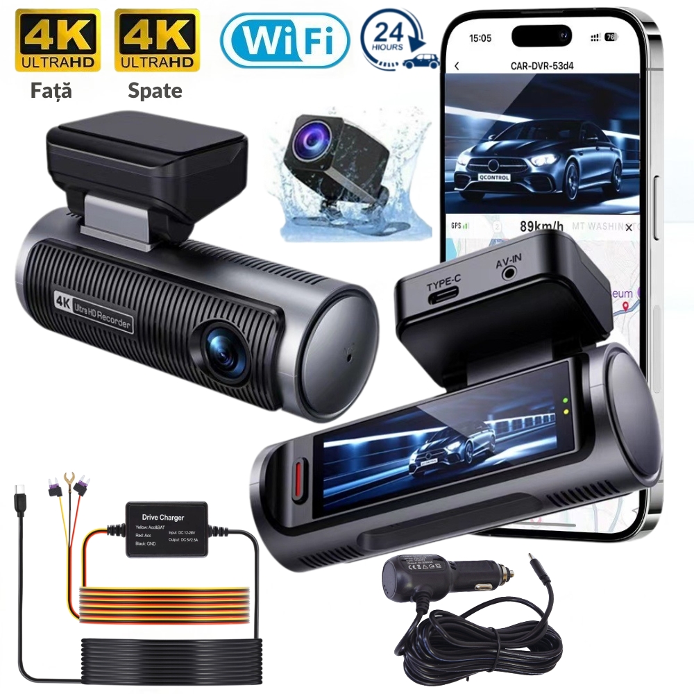 Camera de bord auto dubla 4K+4K UHD MOGODA, WiFi, Camera Fata si Spate, Hardwire Kit Inclus, Monitorizare Parcare 24H, Ecran IPS 3.19", G-Sensor, HDR, WDR, Night Vision, Aplicatie Viidure, Microfon